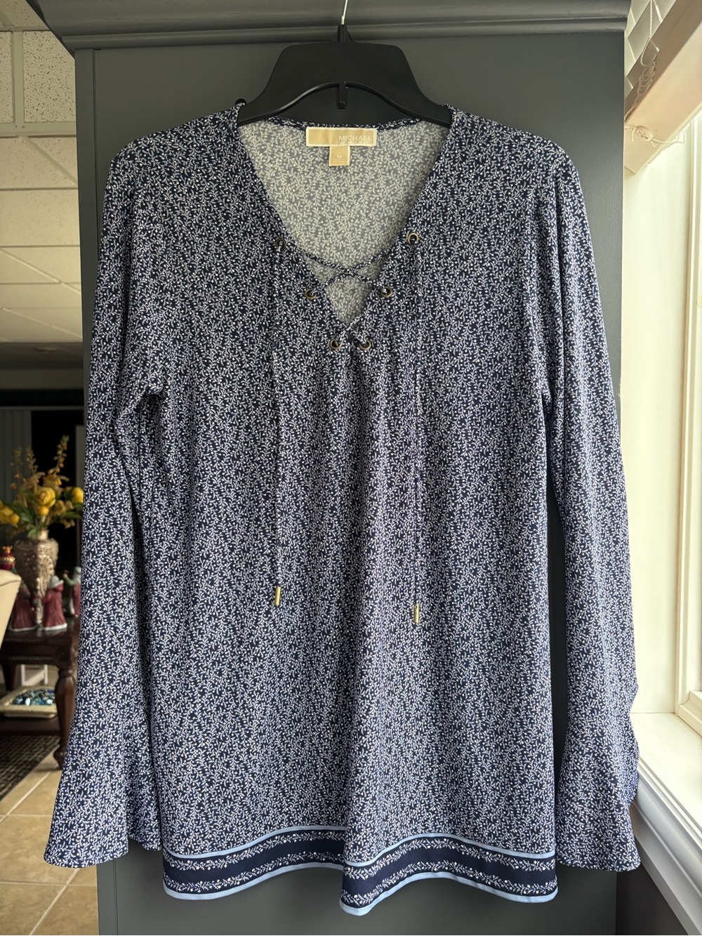 Michael Kors Navy Lace-Up Printed Long Sleeve Tunic